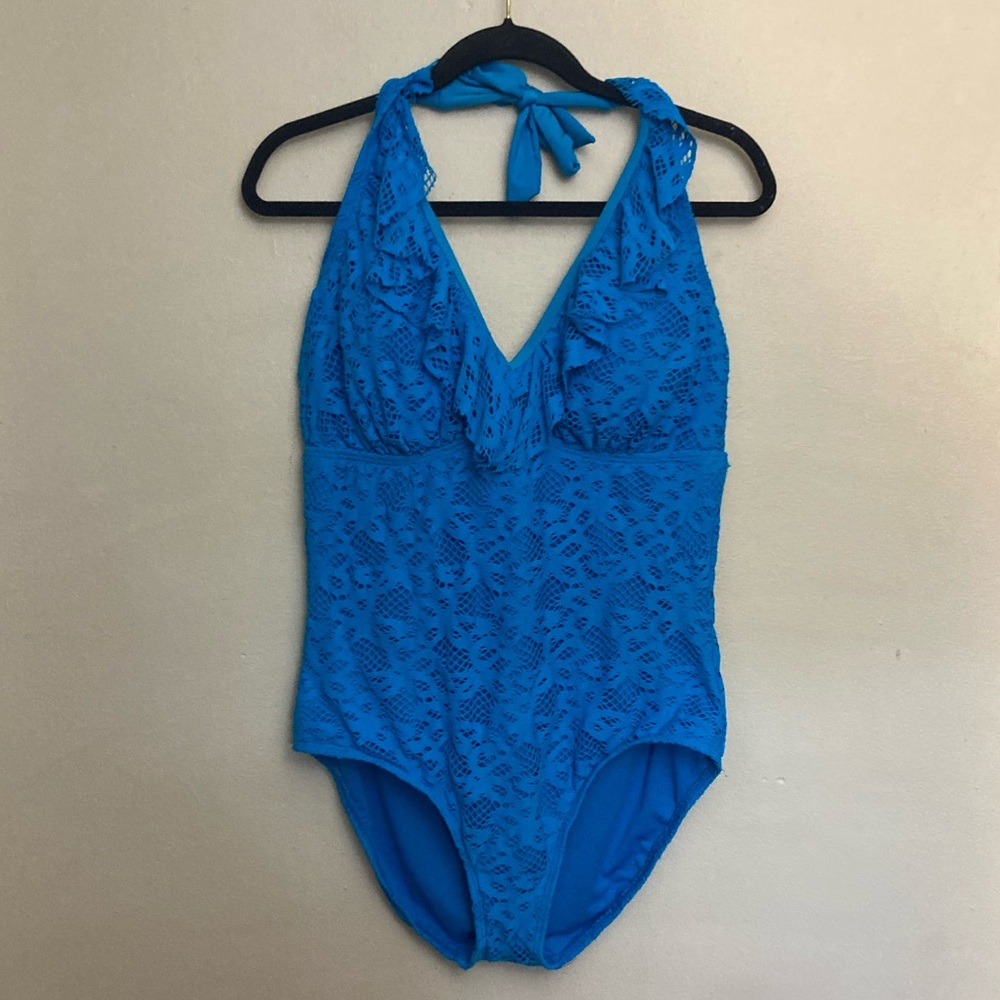 9-8 Kenneth Cole One Piece Swimsuit Turquoise Blue 1x Halter Ruffle NWT